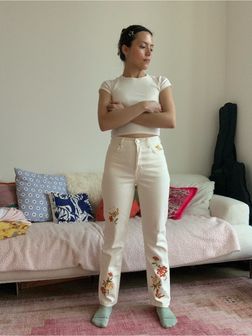 Reformation Cream Straight-Leg Jeans with Floral Embroidery